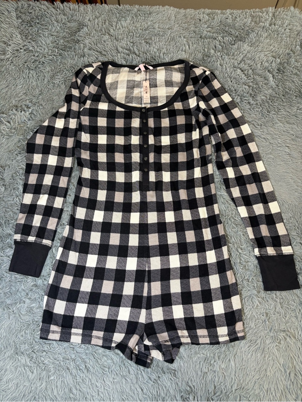 Victoria Secret Black & White Buffalo Plaid Long-Sleeve Romper Pajamas